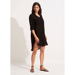 Seafolly Australia Black Crinkle Twill Beach Shirt Tunic Size Small 100% Cotton